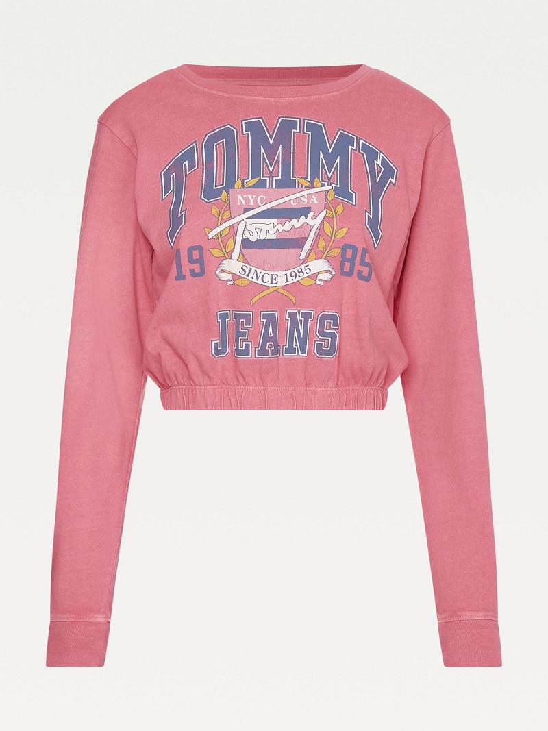 Női Tommy Hilfiger Organic Pamut Collegiate Póló Rózsaszín | HU 466GSO